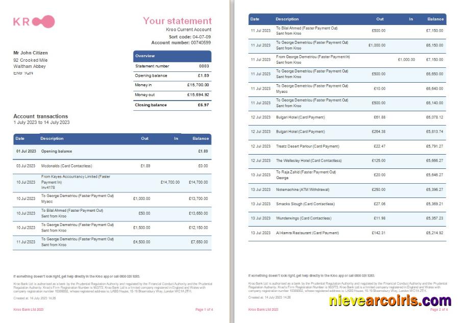 United Kingdom Kroo bank statement Word and PDF, 4 pages